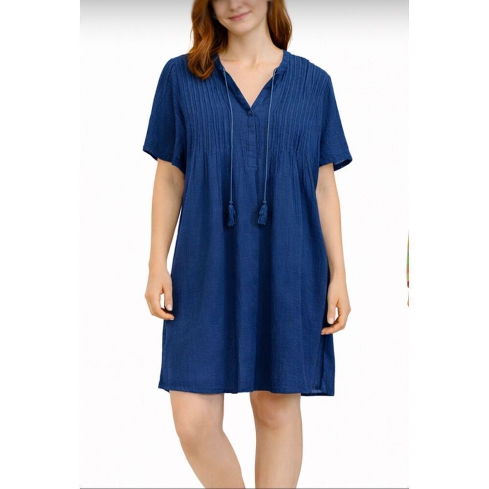 Chico’s blue gauze seamed front tassel tie sundress size small